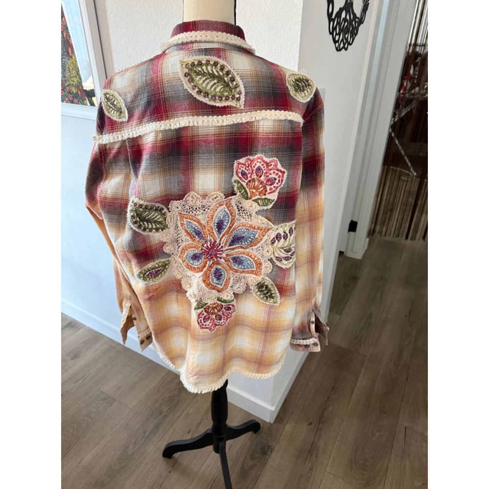 Upcycled Tie-Dye Red Flannel Shirt Button Down with Floral Appliqués - Picture 2 of 6